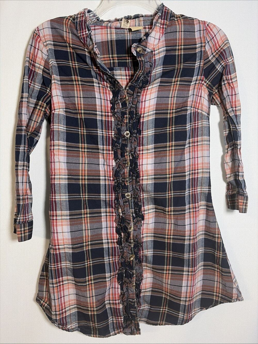 BKE Vintage 90s Plaid Ruffle Top Women’s Small Button Front Boho Y2K 3/4 Sleeve